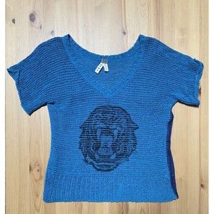 Free People Blue Short Sleeve Crochet Knit Tiger Graphic Print Top Shirt Sz M